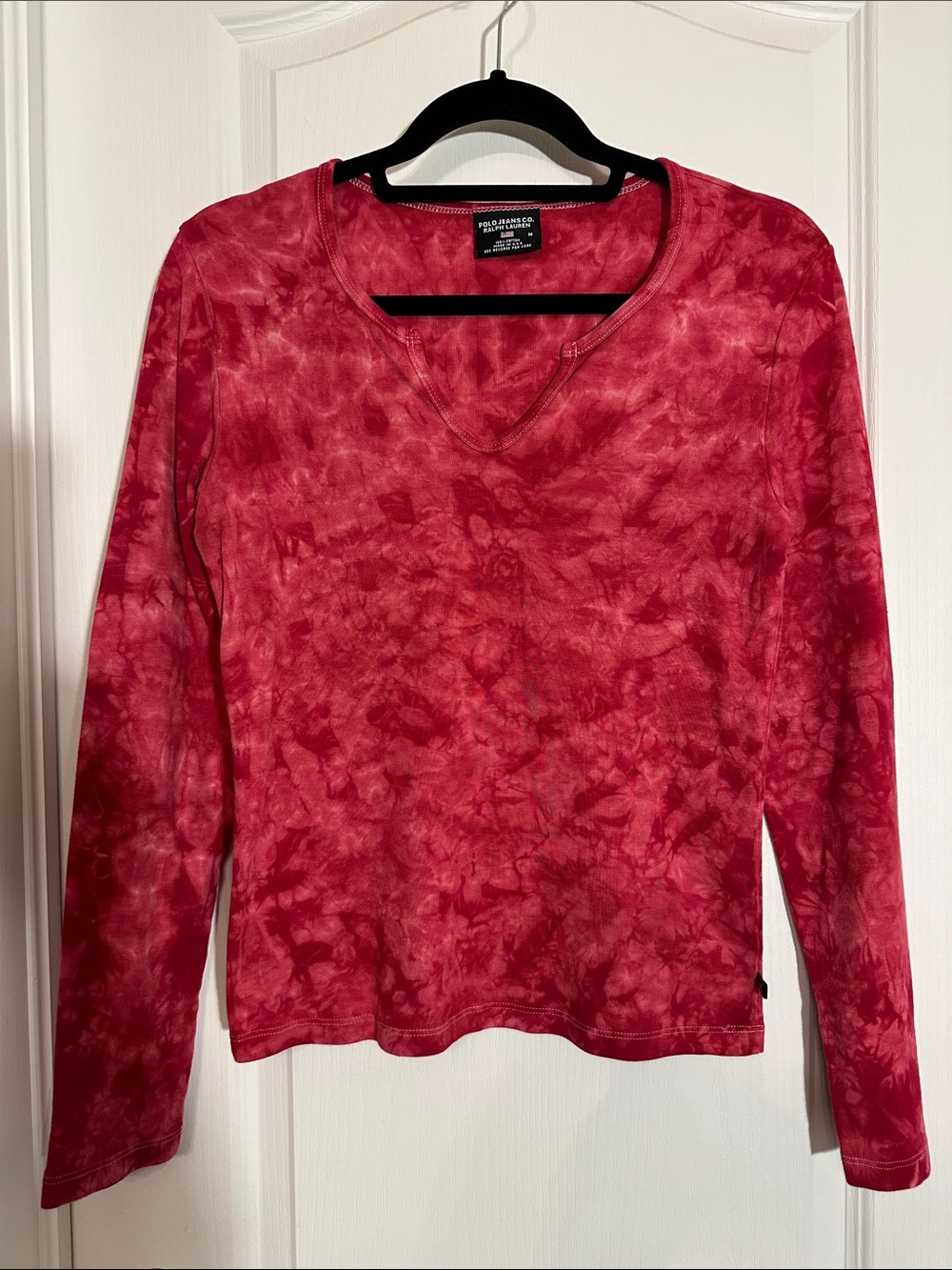 Polo by Ralph Lauren Women's Red Tie-Dye Long Sleeve V-Neck Top